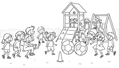Kleurplaat van lachende kinderen die spelen in een speeltuin met een klimrek, glijbaan, schommel en voetballen.