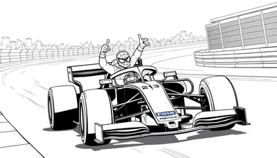 Kleurplaat van Spider-Man in een Formule 1 auto met nummer 213, die duimen omhoog steekt.