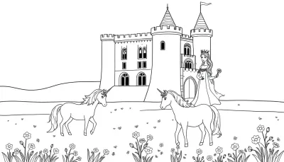 Eenhoorns kleurplaat met koningin en kasteel