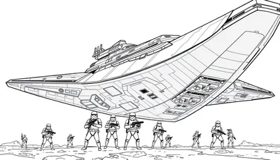 Kleurplaat van Star Wars stormtroopers onder een Imperial Star Destroyer.