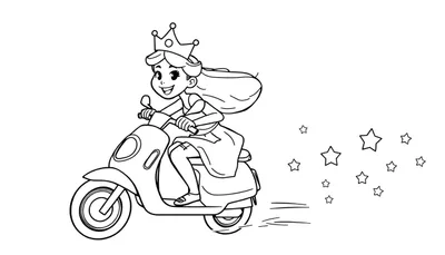 Kleurplaat van een stoere prinses op een scooter, racend als in Mario Kart, met een grote kroon.
