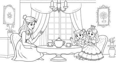 Kleurplaat van een theekransje met twee juffen en twee prinsesjes.
