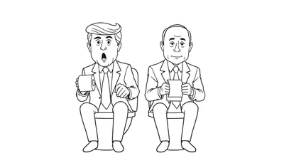 Een kleurplaat van Trump en Poetin op het toilet.