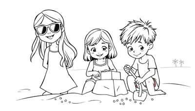 Kleurplaat van drie kinderen op een strand, met een zonnebril en jurk, een zandkasteel bouwend meisje en een jongen met schep, met palmbomen op de achtergrond.