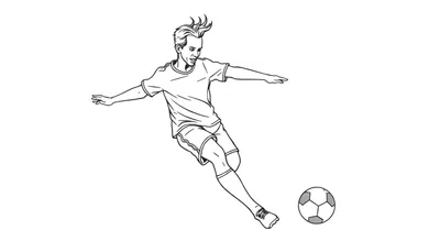 Zwart-wit tekening van een voetballer in actie, klaar om een bal te schoppen, in de stijl van een kleurplaat.