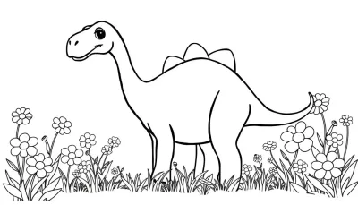 Kleurplaat van een vriendelijke Brachiosaurus tussen bloemen