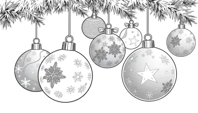 Kleurplaat met kerstballen en dennentak.