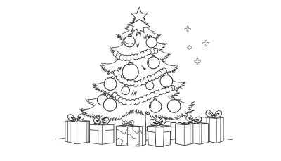 Kleurplaat van een vrolijke kerstboom met ornamenten en cadeaus.