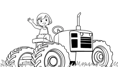 Kleurplaat van een klein meisje met bob haar dat op een tractor zwaait.