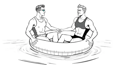 Zwart-wit kleurplaat van twee mannen die elkaars handen vasthouden in een zwemband op het water.