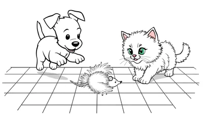 Kleurplaat: Een speelse puppy en kitten die samen spelen met een speelgoedmuis.