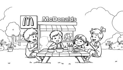 Zwart-wit kleurplaat van kinderen die vrolijk eten bij McDonald's.