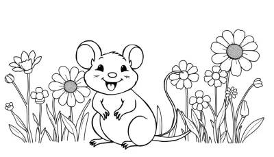 Vrolijke Muis Kleurplaat in het Bloemenveld