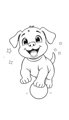 Kleurplaat van een schattige puppy die op een bal balanceert.
