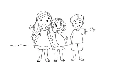 Kleurplaat van drie lachende kinderen op het strand: een groter meisje met lang haar, een jonger meisje met een strandbal, en een jongen die iets aanwijst.