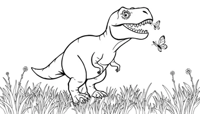 Kleurplaat van een vriendelijke T-Rex in een veld met vlinders.