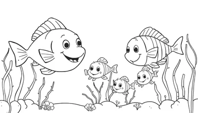 Zwart-wit kleurplaat van een vrolijke vissenfamilie onder water met planten.