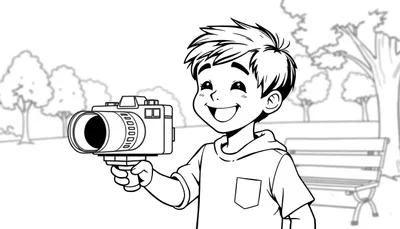 Zwart-wit kleurplaat van een vrolijke jongen die een camera vasthoudt in een park.