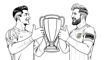 Kleurplaat van twee blije voetballers die een trofee omhoog houden.