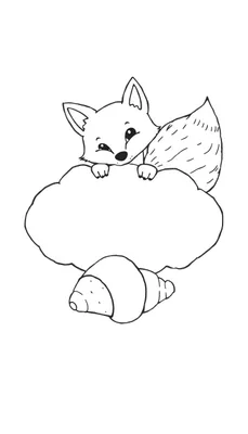 Zwart-wit kleurplaat van een schattige vos die uit een wolk kijkt met kleine pootjes, met een mini-croissant eronder.