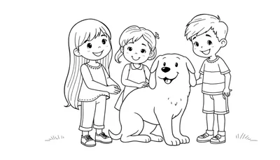 Kleurplaat: Drie lachende kinderen die een blije hond aaien.