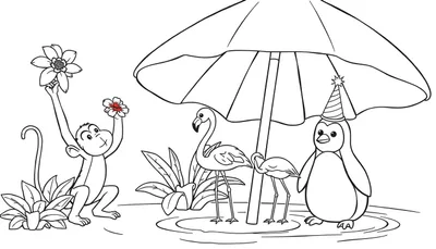Zomerse kleurplaat met een aap die bloemen vasthoudt, beschermd onder een parasol met een pinguïn en flamingo's.