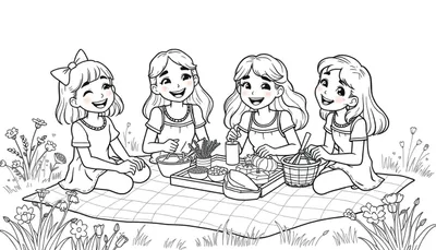 Zwart-wit kleurplaat van vier blije meisjes die een picknick houden in de natuur.