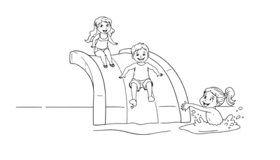 Kleurplaat van drie lachende kinderen op een waterglijbaan in een zwembad.