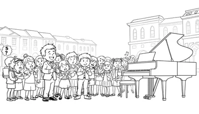 Wereldmuziek kleurplaat met dirigent en piano!