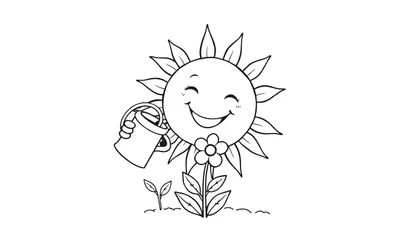 Kleurplaat van een lachende zon die water geeft aan een bloem.