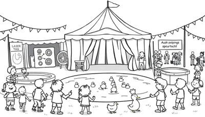 Kleurplaat van een levendig kinderfestival met een grote circustent, eendjes vissen, lasergamen en een speurtocht, omringd door vrolijke kinderen en kleurrijke vlaggen.
