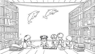 Kleurplaat van kinderen die in een bibliotheek lezen met zwevende dolfijnen.