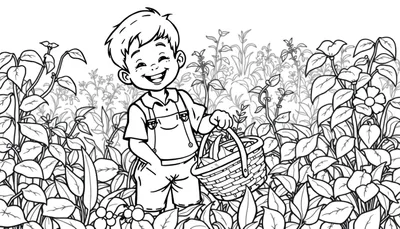 Zwart-wit kleurplaat van een lachende jongen in een moestuin met boontjes.