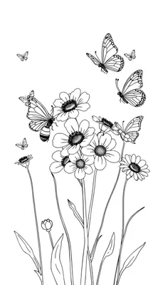 Kleurplaat met bloemen en vlinders, en een insect.