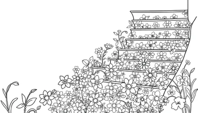 Zwart-wit kleurplaat van een trap bedekt met bloemen.