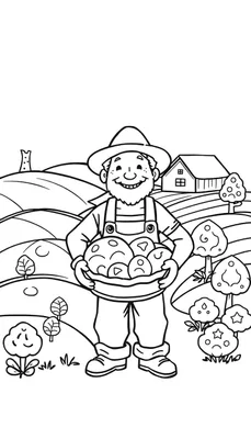 Een boer in een hoed en tuinbroek met een schaal groenten, in een landschap met een huis en windmolen, zwart-wit kleurplaat.