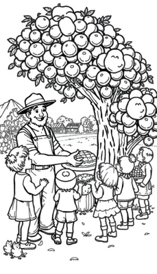 Kleurplaat van een boer die pie uitdeelt aan kinderen.