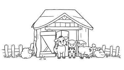 Kleurplaat van een boerderij met een schuurtje, koe, kalfje en schapen.
