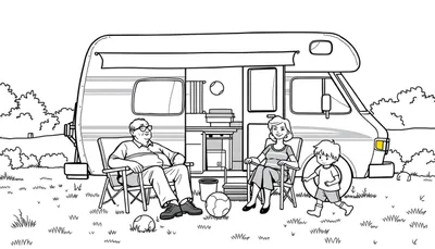 Kleurplaat van een gezin dat kampeert met een camper: opa, oma, een jongetje en een meisje.