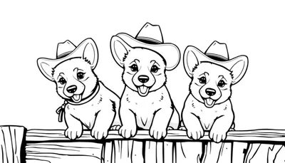Een zwart-wit kleurplaat van drie corgi-puppy's met cowboyhoeden.