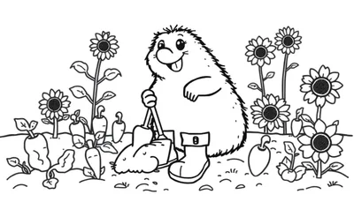 Kleurplaat van een grappige mol met werkschoenen en een schop in een tuin.
