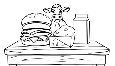 Kleurplaat van een tafel met een hamburger, kaasblok en melk, met een koe erachter.