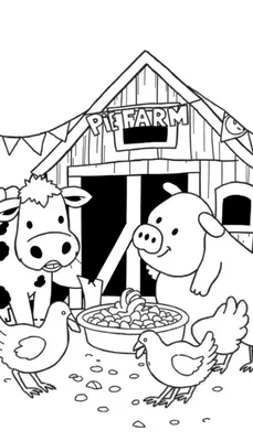 Kleurplaat van een boerderij met een koe, varken en kippen.