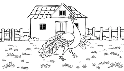 Kleurplaat van een pauw bij een boerderij.