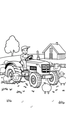 Kleurplaat van een jongen op een tractor met schapen