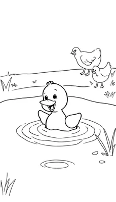Een kleurplaat van een eendje dat zwemt in een vijver met kringen, met een hen en een kuiken op de achtergrond.
