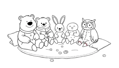 Kleurplaat van een gezellig dieren logeerfeest met knuffelberen, een konijn, een vogel en een uil die samen op een kleed zitten.