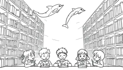 Kleurplaat van kinderen die in een fantasiebibliotheek lezen met zwemmende dolfijnen