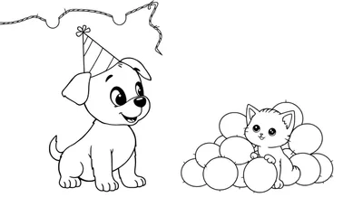 Kleurplaat van een puppy met verjaardagshoed en een kitten in ballonnen.