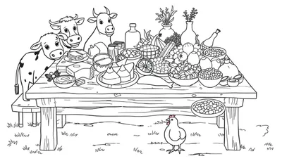 Kleurplaat van een tafel vol eten met koeien en een kip.